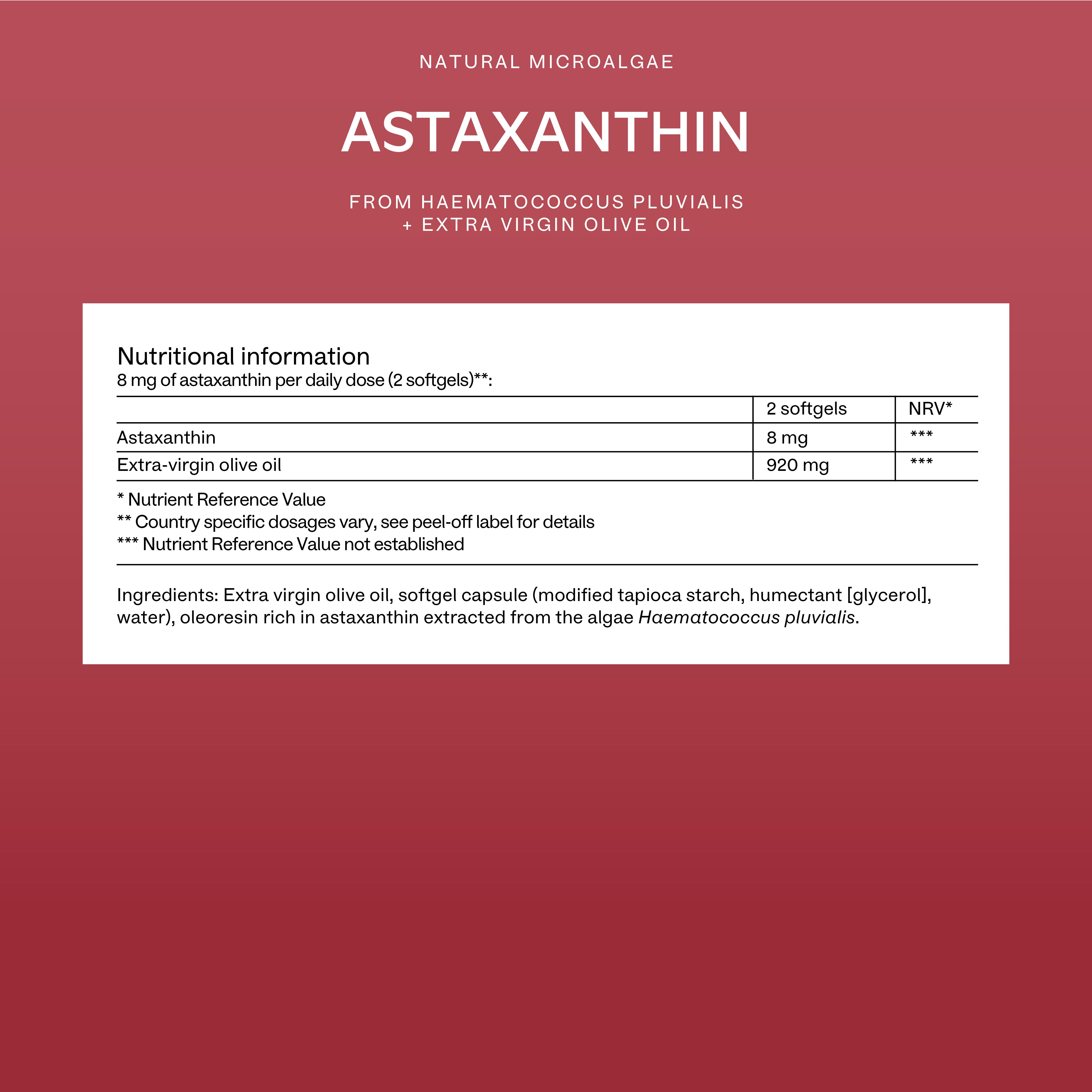 Aavalabs Astaxanthin Nährwertangaben auf rotem Hintergrund.