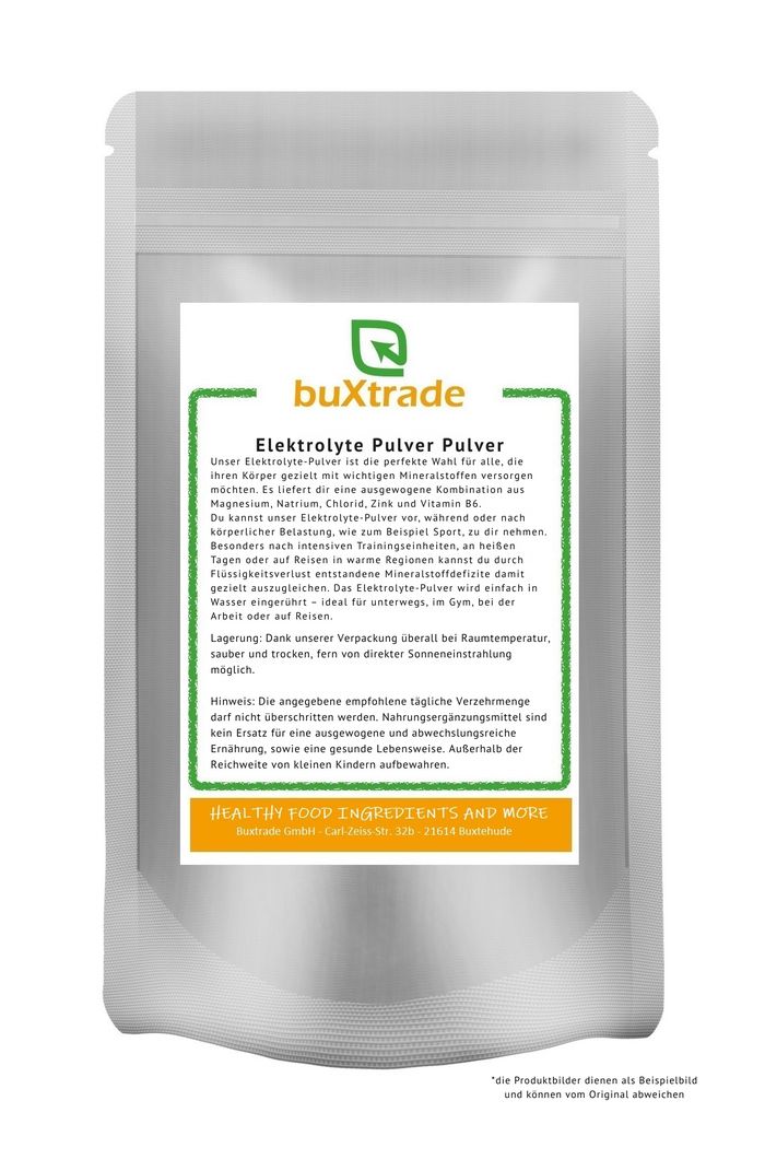 Beutel mit Elektrolyte Pulver. Aufdruck mit Produktname, Inhaltsstoffen und Hersteller. Grün-weiße Verpackung.