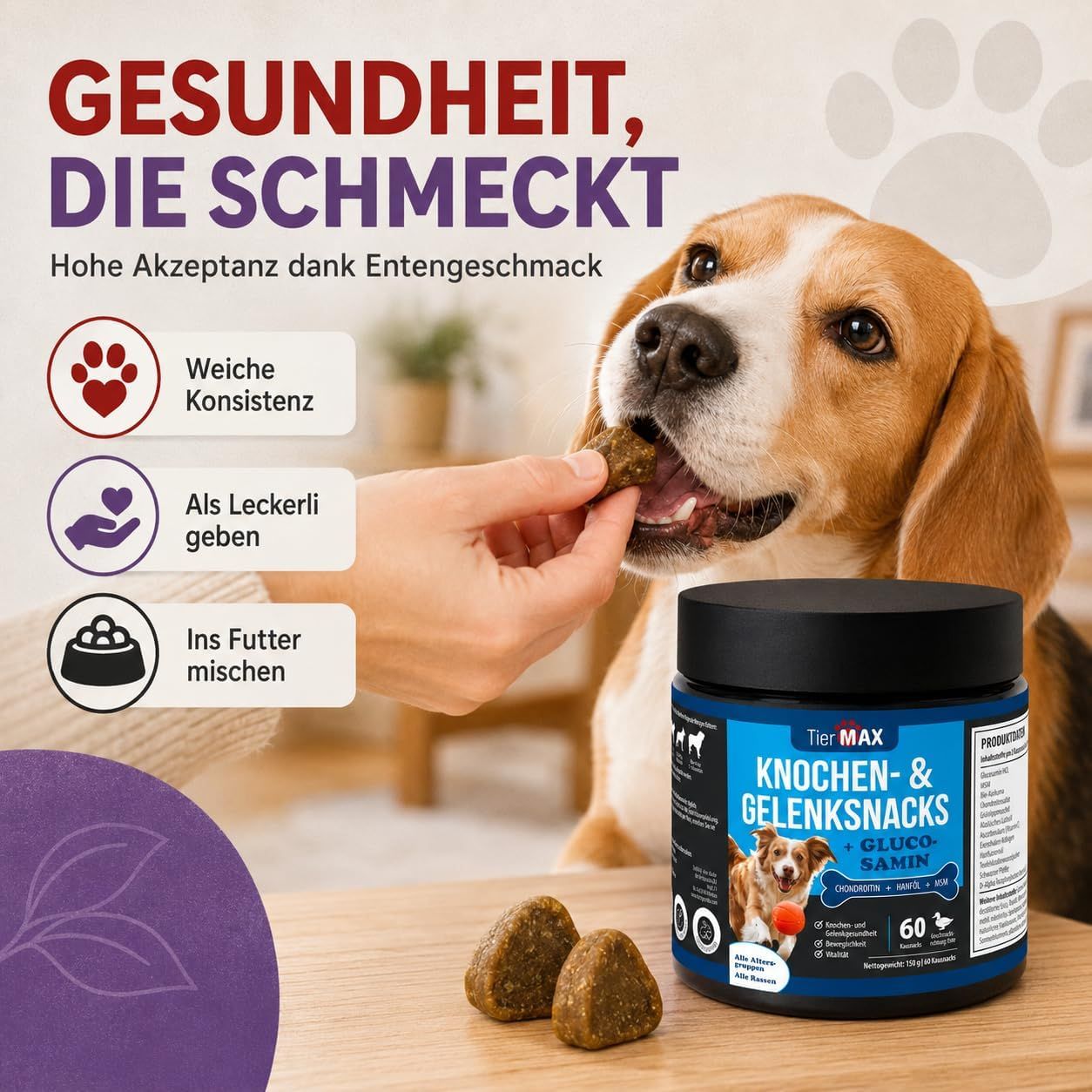 Tiermax Knochen- & Gelenksnacks: Hund frisst Kauartikel, Dose daneben.