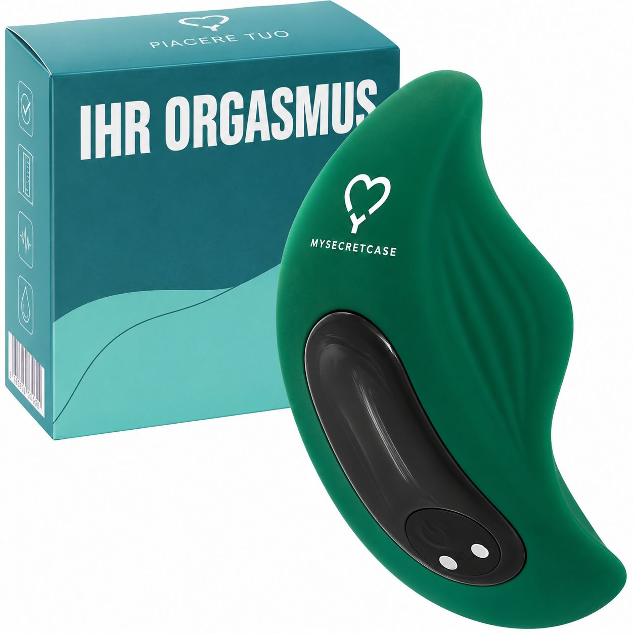 Grüner Vibrator mit Herz-Logo, magnetischem USB-Ladekabel und Anleitung.