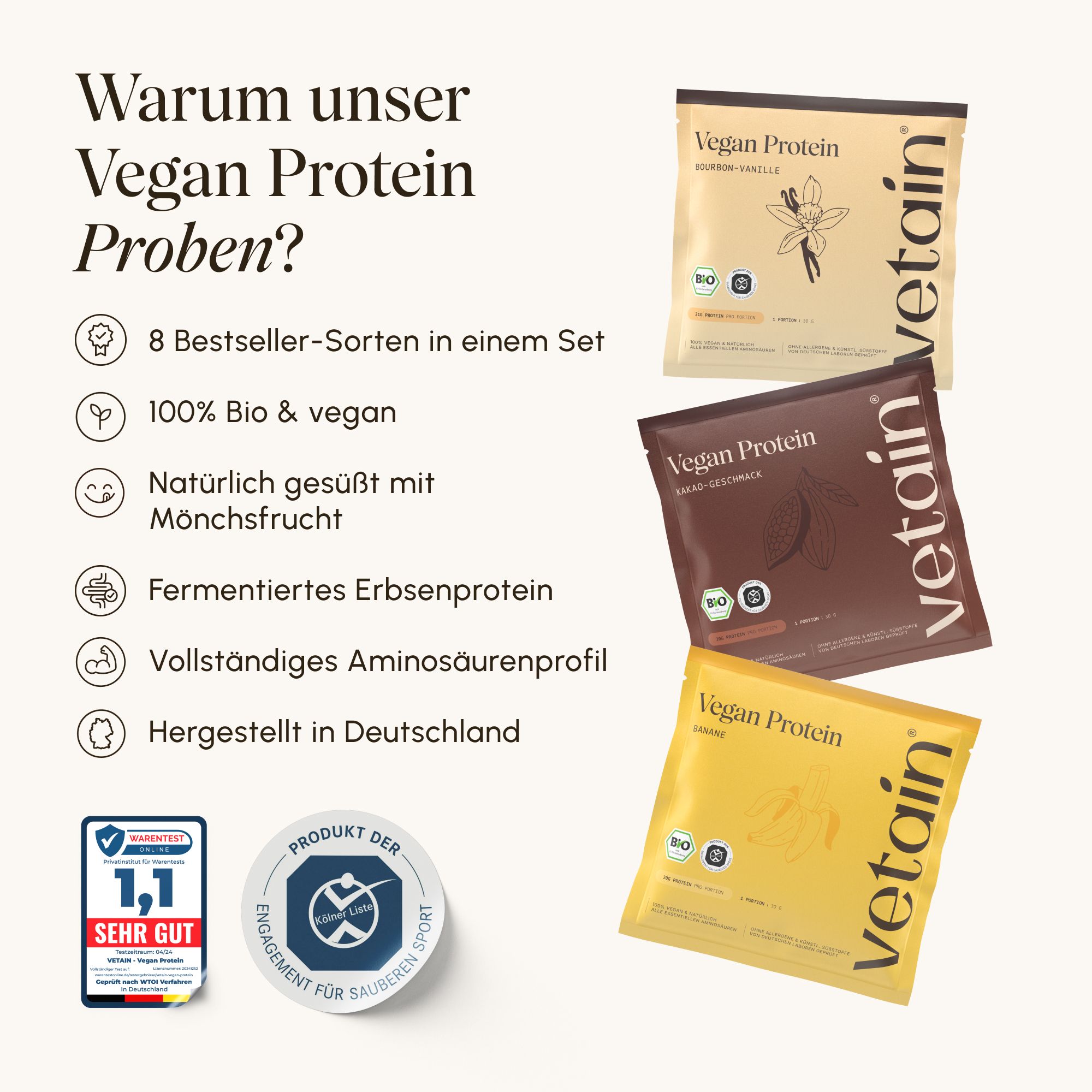 VETAIN Proteinpulver Vegan - Probierbox mit Shaker - 21g Protein - Ohne Zuckerzusatz
