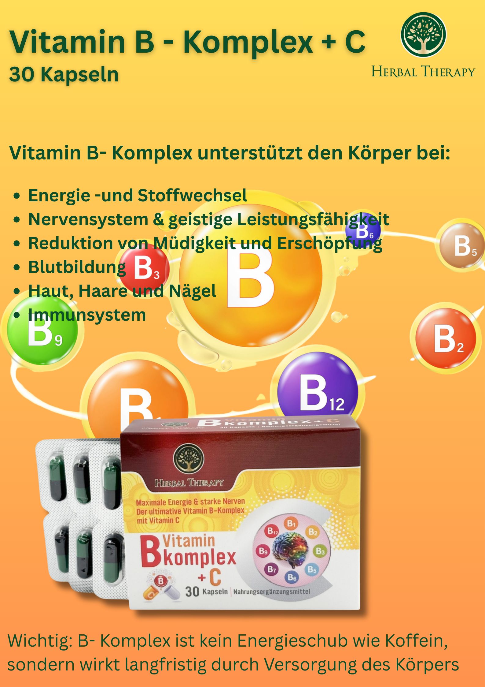 Werbebild für Herbal Therapy Vitamin B-Komplex + C. Produkt, Kapseln, Diagramme, Text über Vorteile und Inhaltsstoffe.