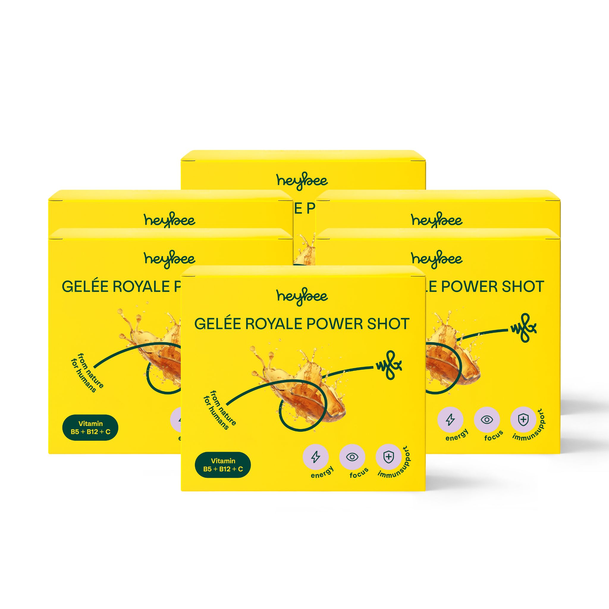 Mehrere Packungen Gelée Royale Power Shot. Gelbe Schachteln mit Fläschchen. heybee Logo.