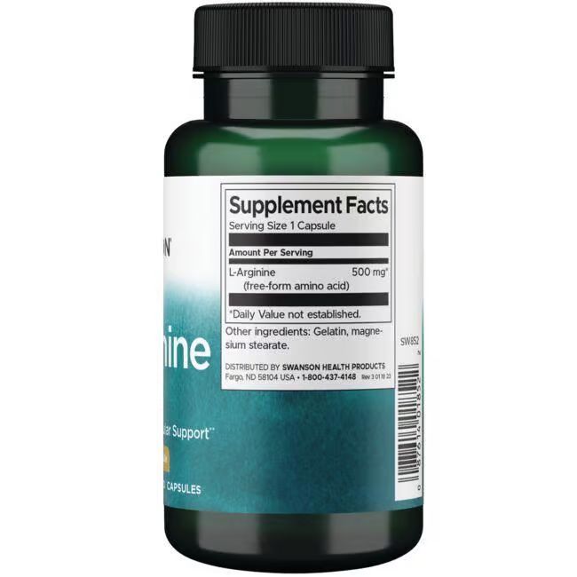 Rückseite der grünen Flasche. Etikett mit Nährwertangaben: L-Arginin 500 mg. Weitere Inhaltsstoffe: Gelatine, Magnesiumstearat.