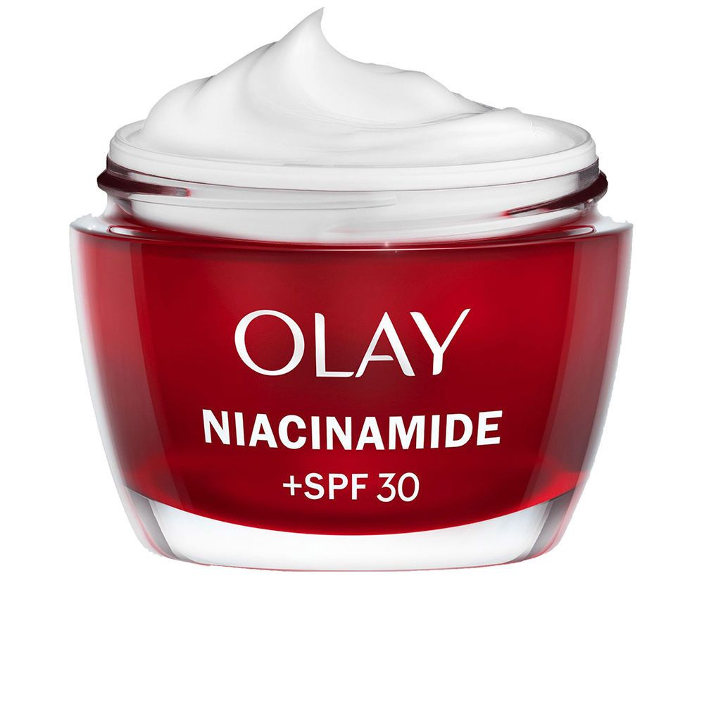 Olay Creme-Tiegel, rot, mit weißer Creme. Aufschrift: Olay, Niacinamide + SPF 30.