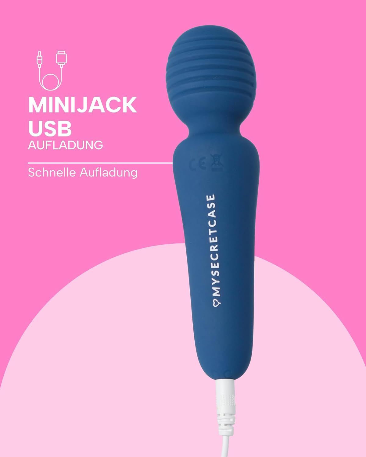 Dunkelblauer Vibrator mit USB-Ladeanschluss, wasserdicht (IPX7), leicht zu reinigen, aus flexiblem Material.