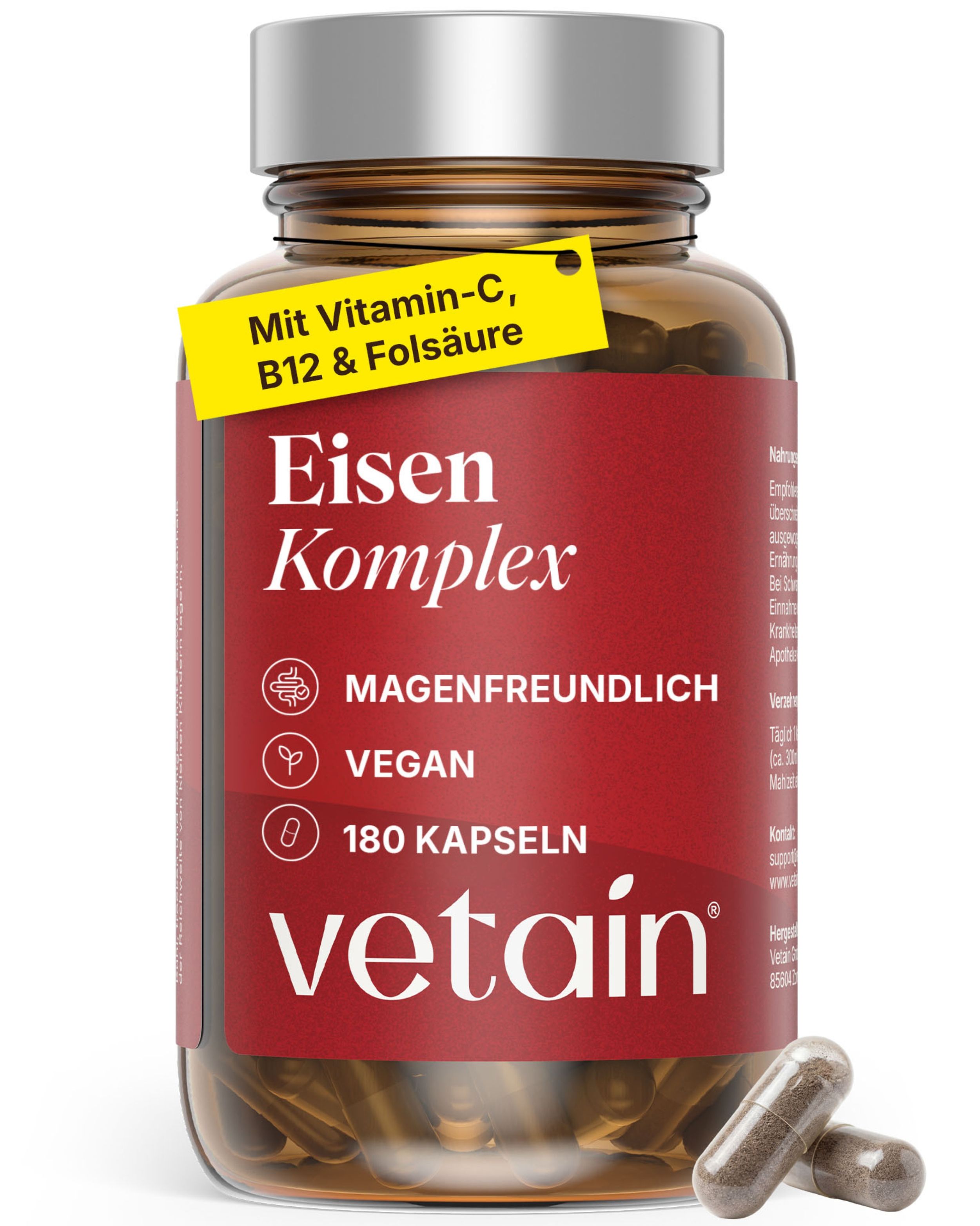 Braune Glasflasche mit rotem Etikett, darauf „Eisen Komplex“ und „vetain“. 180 Kapseln.