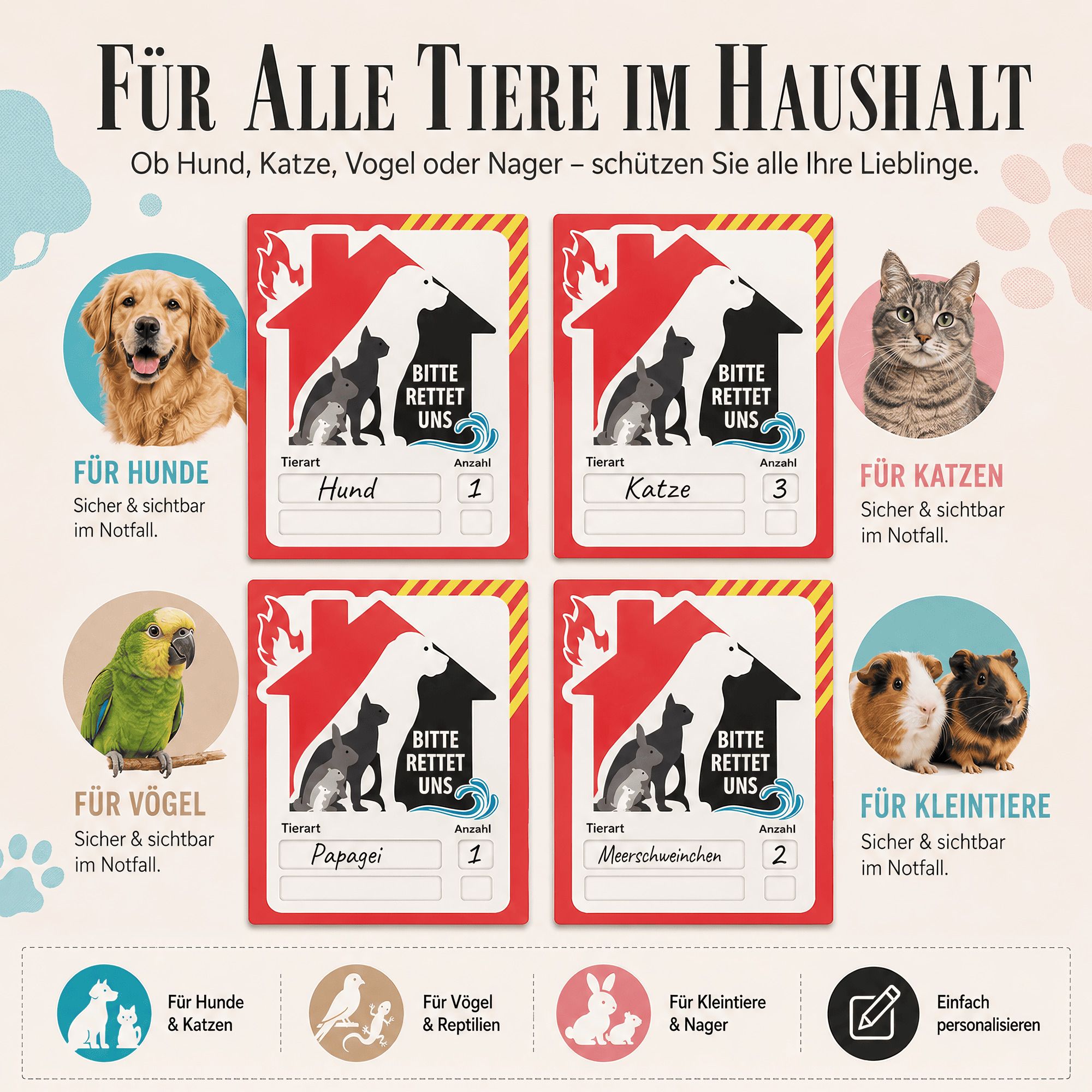 Vier Aufkleber mit Haus-Symbol, Hund, Katze und Kleintier. Text: 'Bitte rettet uns'. Felder für Tierart und Anzahl.