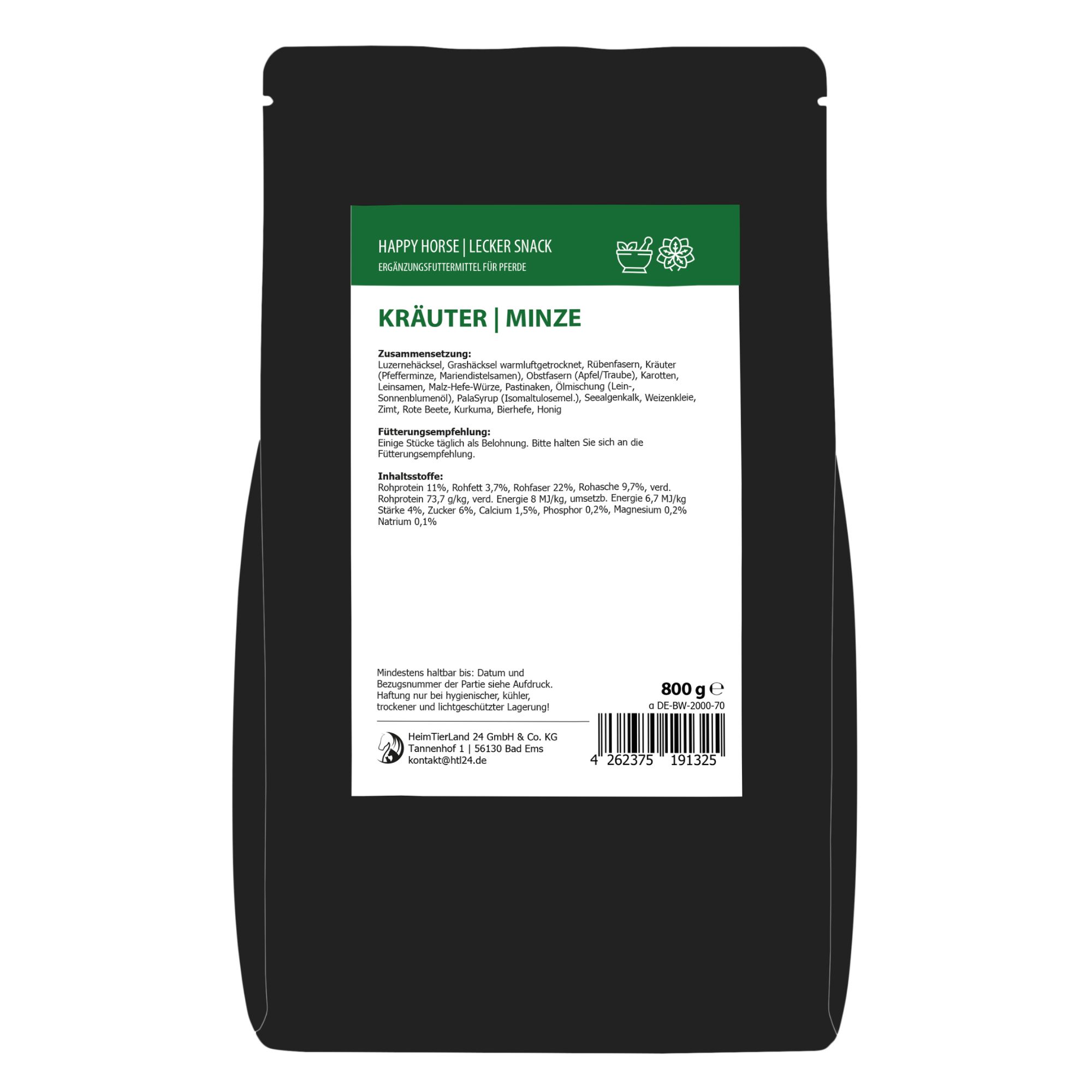 Rückseite der schwarzen Verpackung. Text: Zutaten, Analyse, Herstellerinformationen, Barcode, Gewicht 800g.