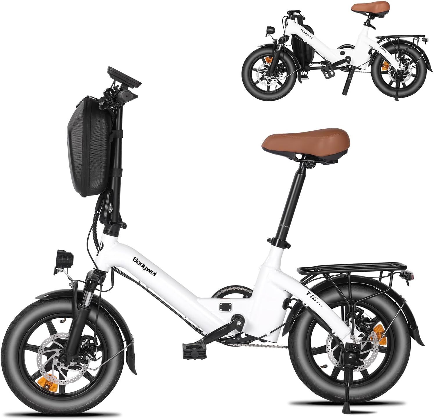 Faltbares E-Bike, weiß, brauner Sattel, schwarze Reifen und Gepäckträger. Zusatzbild oben rechts. Bodywel T16 Pro.