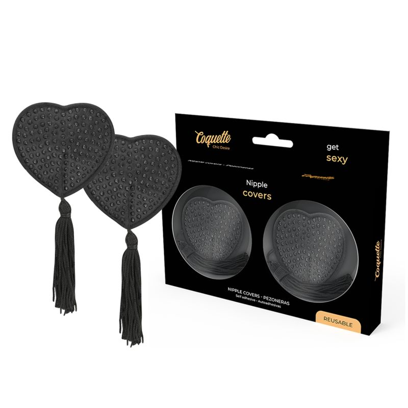 Zwei schwarze, herzförmige Nippel Cover mit Quasten. Verpackung mit zwei Covern, Produktname und Text 'get sexy'. Wiederverwendbar.