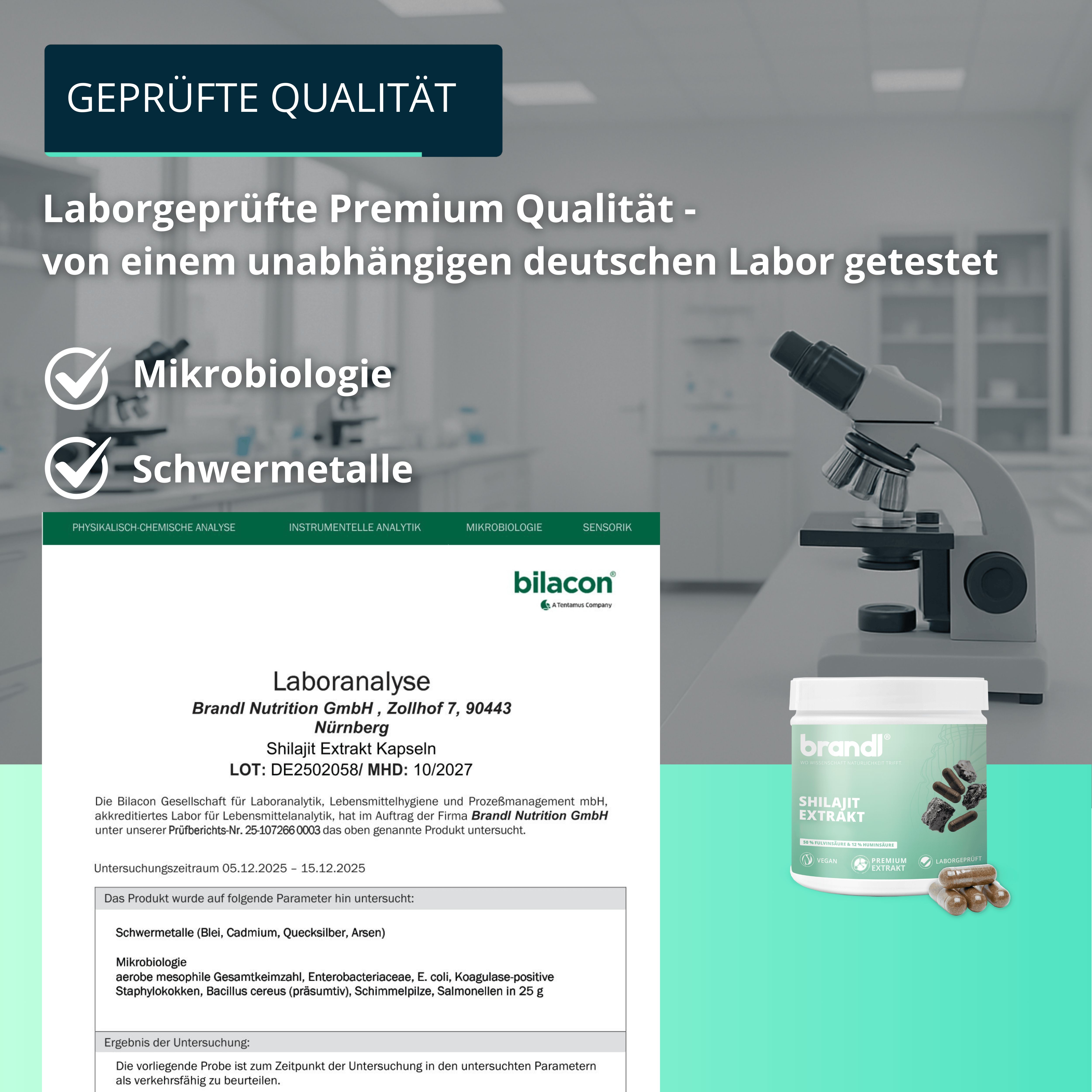 Laboranalyse mit Mikroskop und Dose. Text: Laborgeprüfte Premium Qualität. Marke: brandl. Analyse von Bakterien und Schwermetallen.