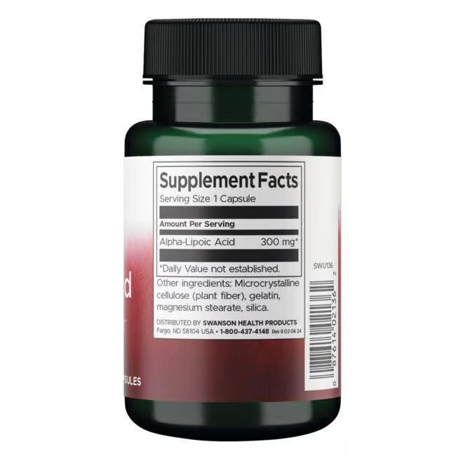 Rückseite der grünen Flasche. Etikett mit "Supplement Facts". Enthält Alpha-Liponsäure, 300 mg. Inhaltsstoffe.