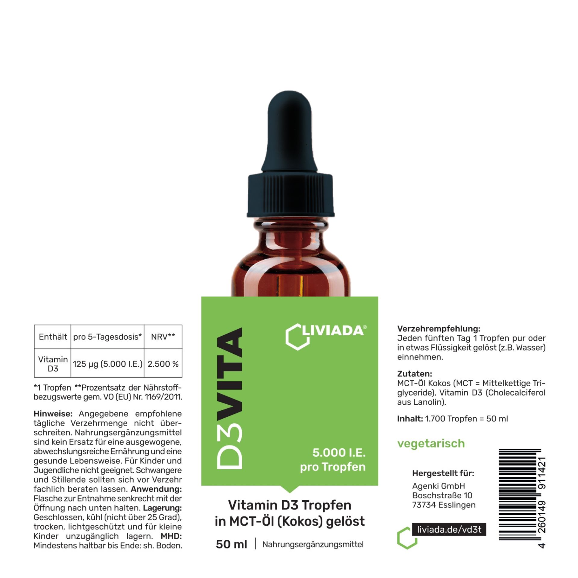 Braune Glasflasche mit Tropfer und grünem Etikett. Enthält Vitamin D3 Tropfen. Text: LIVIADA D3VITA, 5.000 I.E. pro Tropfen.