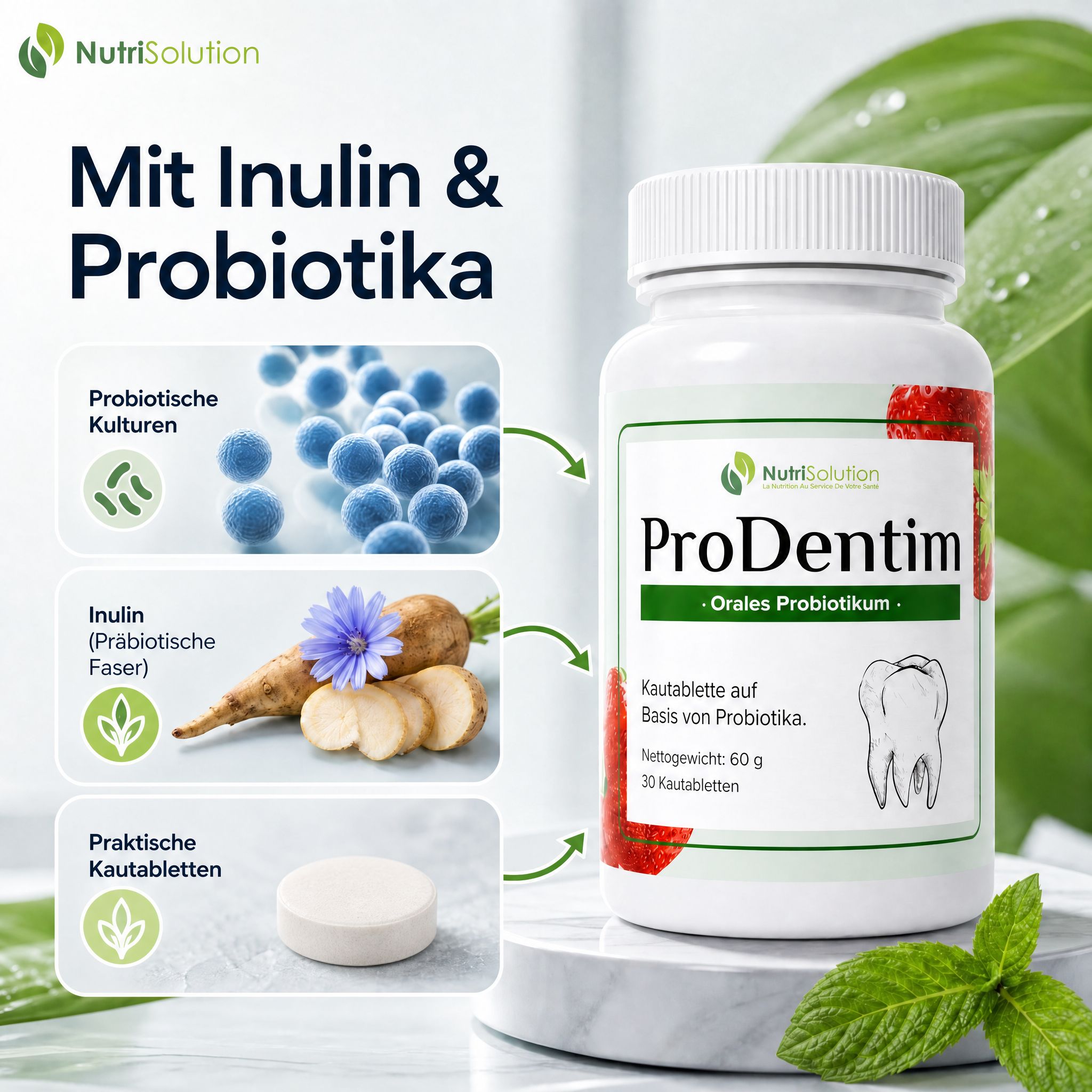 NutriSolution ProDentim Dose mit Inulin und Probiotika-Darstellung. Enthält 30 Kautabletten.