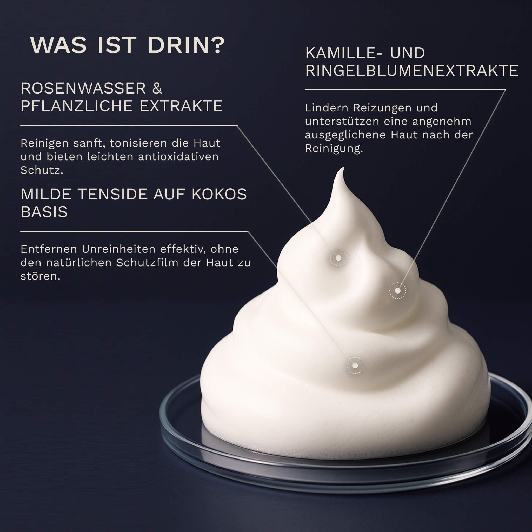 Schaum auf Glas. Text: Rosenwasser & Pflanzenextrakte, milde Tenside, Kamille- und Ringelblumenextrakte.
