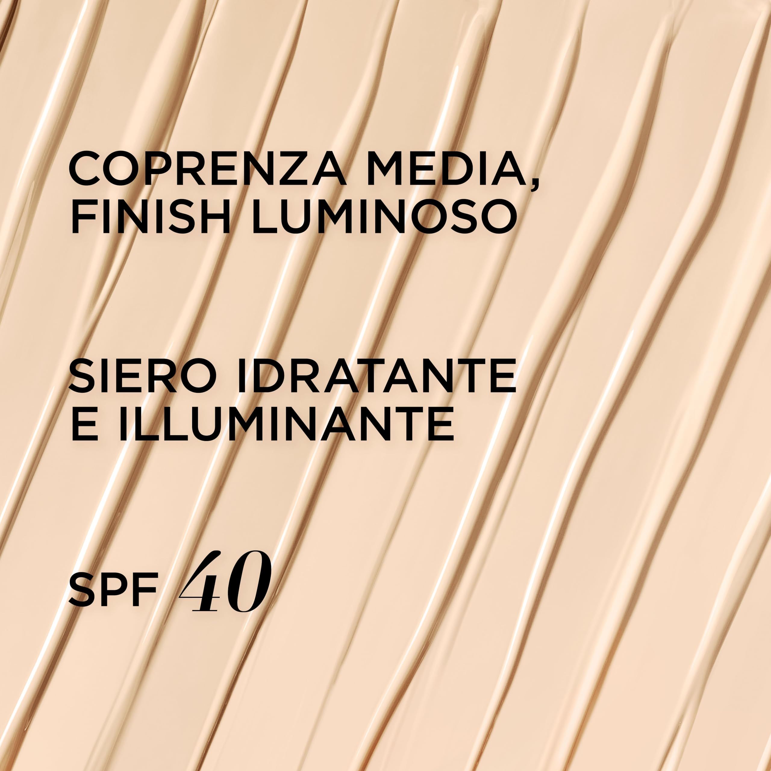 Text: COPENZA MEDIA, FINISH LUMINOSO, SIERO IDRATANTE E ILLUMINANTE, SPF 40. Hintergrund mit wellenförmiger Textur.