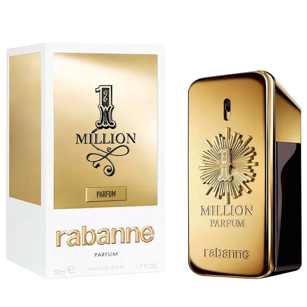 Goldfarbener Flakon und Verpackung. Aufschrift: 1 Million Parfum. Weiße Verpackung mit Logo. 1.7 fl oz.