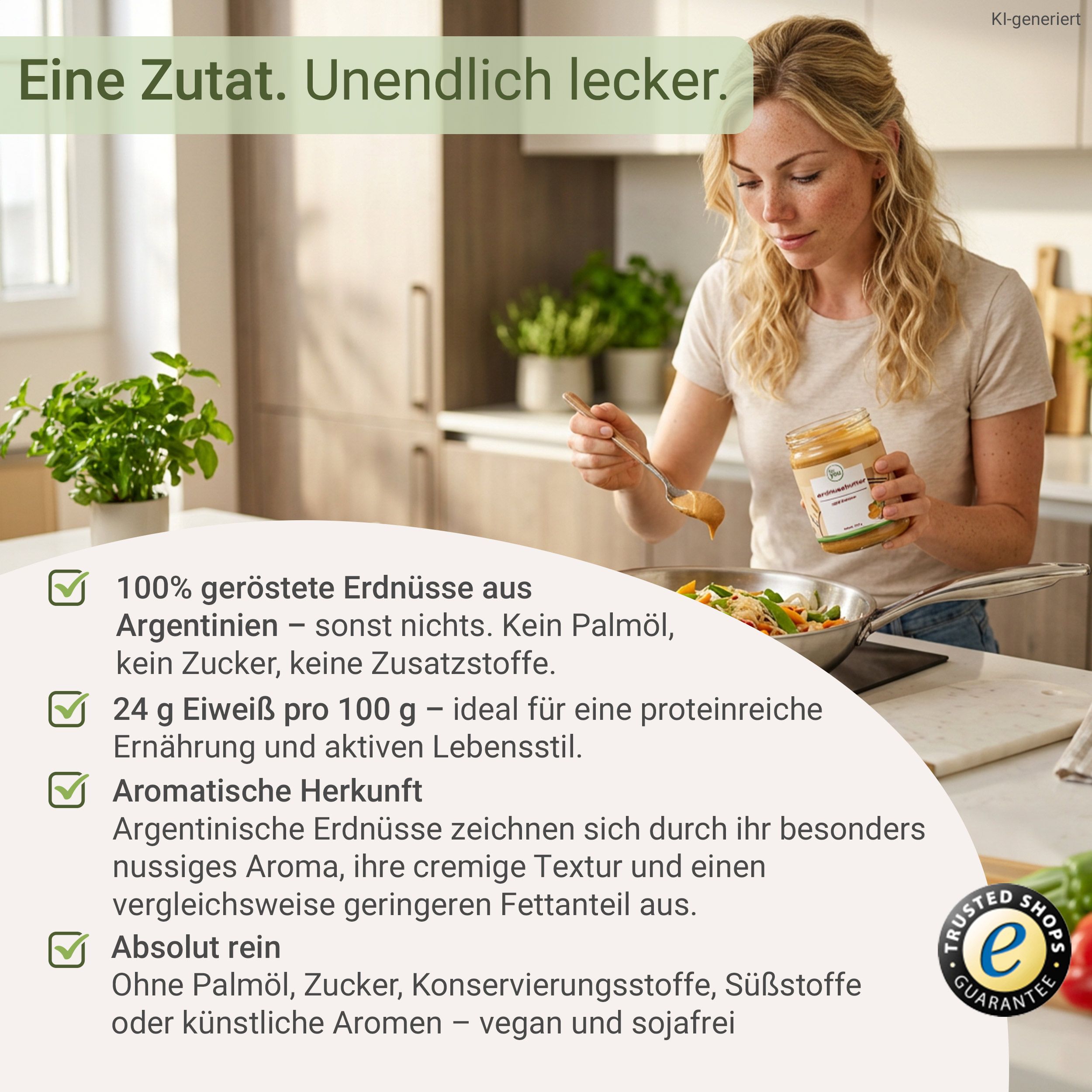 Frau in Küche mit Erdnussbutterglas und Pfanne, Liste mit Produktmerkmalen.