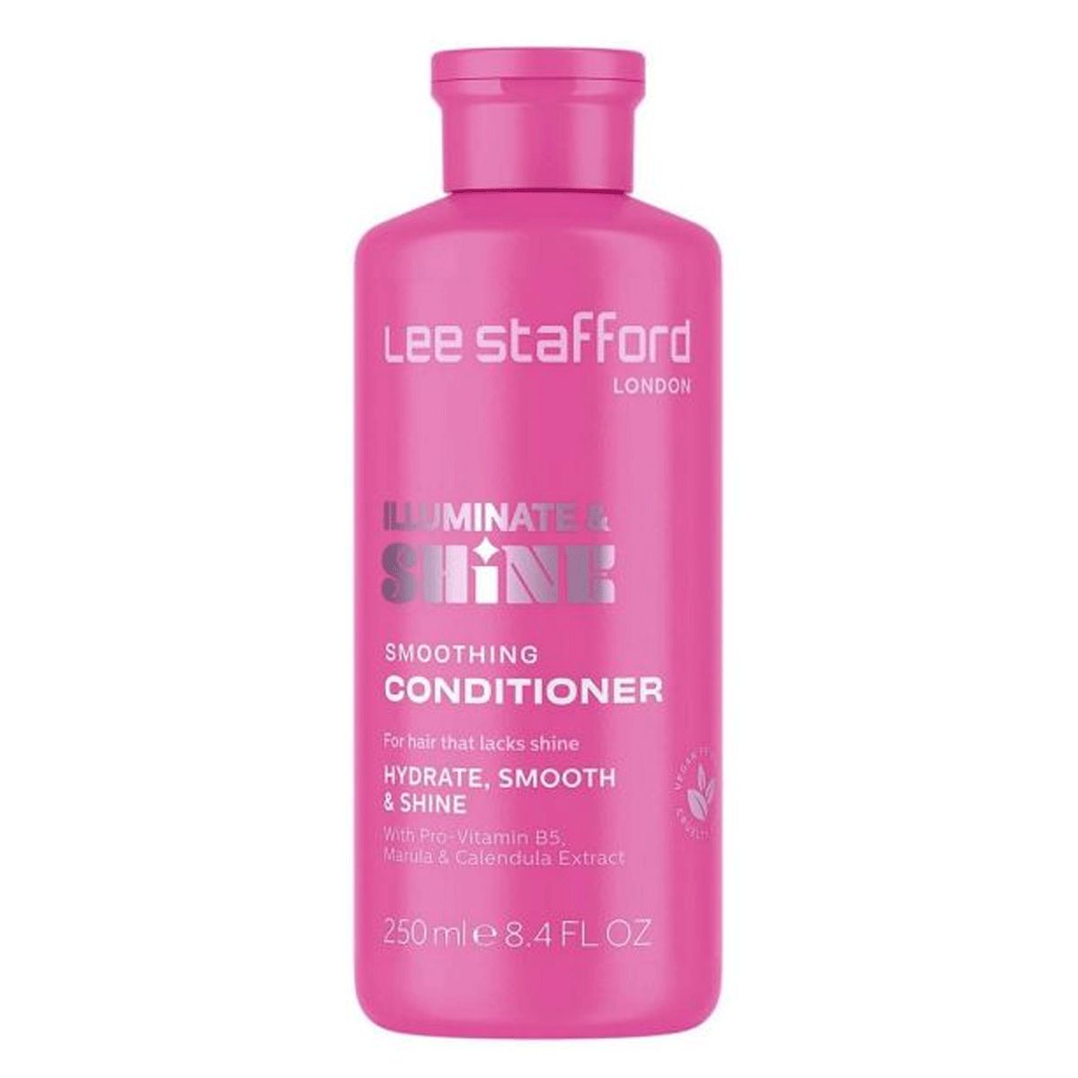 Eine pinke Flasche Lee Stafford Illuminate & Shine Glättende Spülung Conditioner.