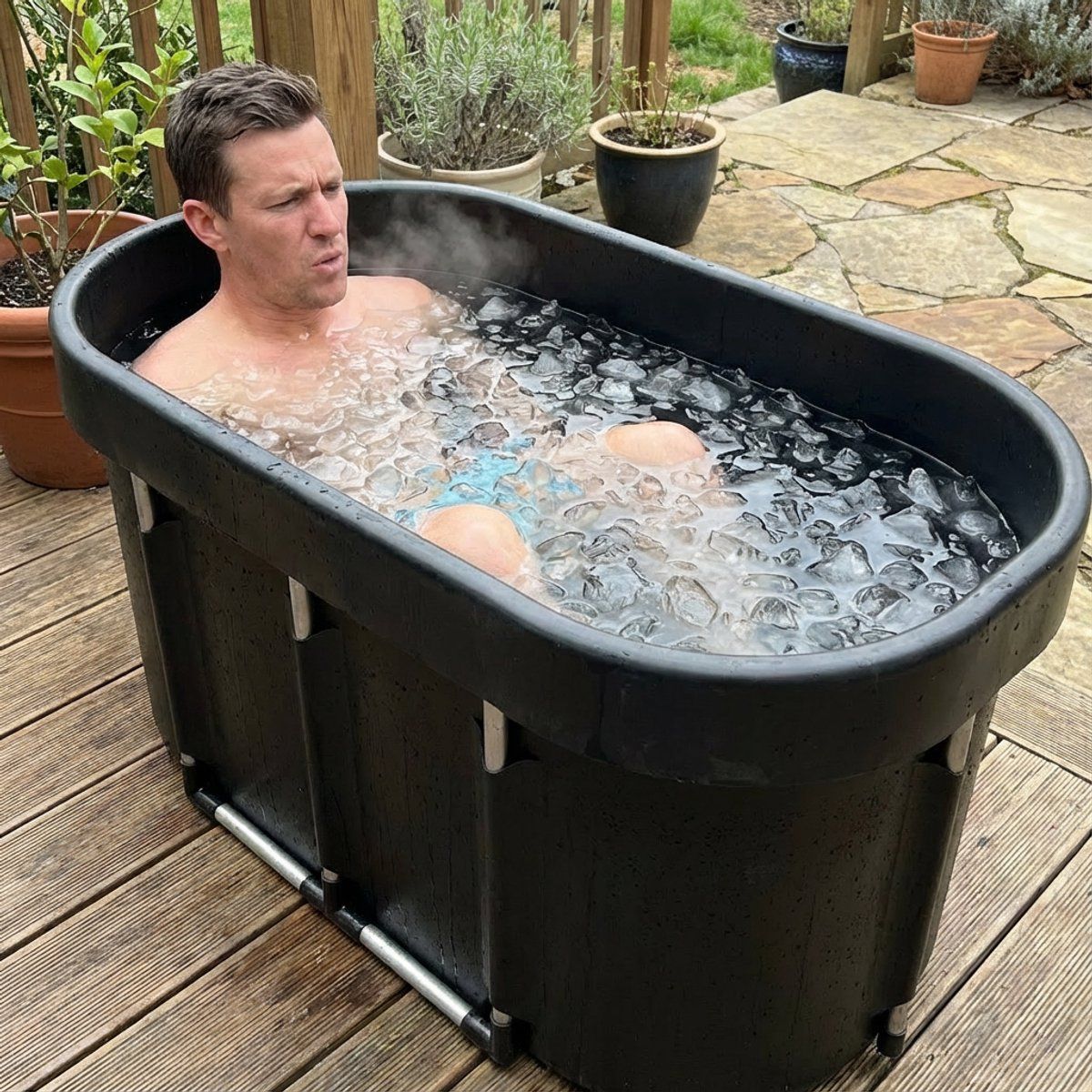 Schwarzes, rechteckiges Eisbad mit Mann. Eisbad mit Eiswürfeln gefüllt. Mann im Eisbad. Auf Holzterrasse.