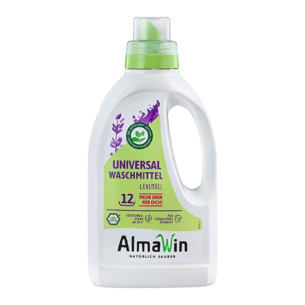 Weiße Flasche AlmaWin Waschmittel, grüner Deckel. Aufschrift: Universal Waschmittel Lavendel, 12 Waschladungen. Bio-Siegel.