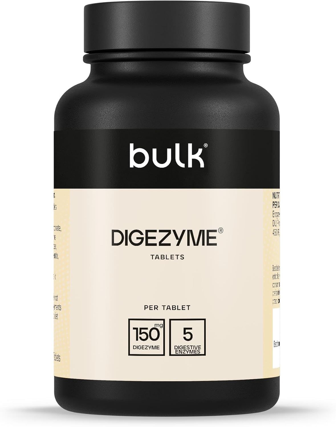Schwarze Flasche mit weißem Etikett. "bulk"-Logo, "DIGEZYME® TABLETS" und "150 mg" Text.