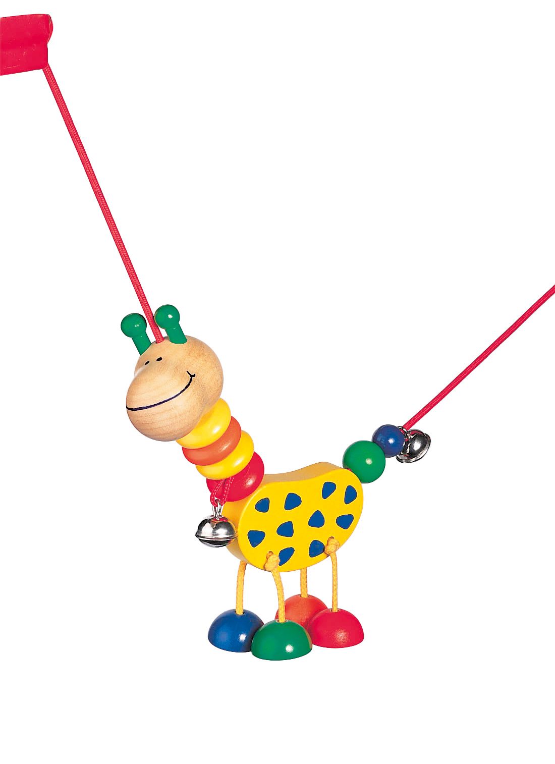 Holz-Giraffe mit bunten Ringen, gelbem Körper mit blauen Punkten, roten Schnüren und Glöckchen. Blaue, grüne und rote Füße.