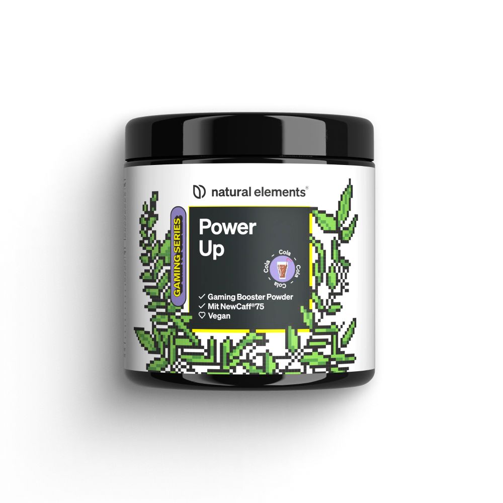 Runde Dose mit schwarzem Deckel. Aufschrift: natural elements, Power Up, Gaming Booster Powder, Mit NewCaff75, Vegan. Grün-weiße Blätter.