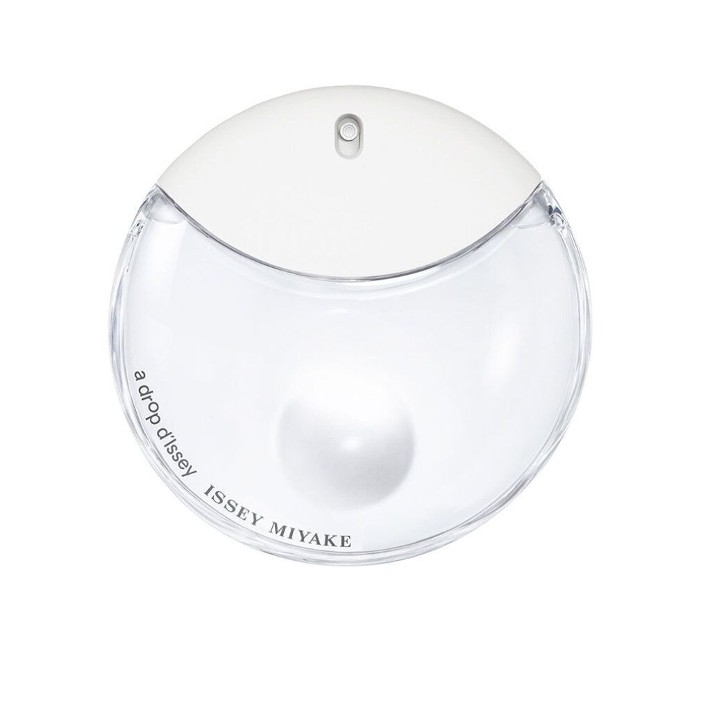 Runder Flakon mit weißem Deckel. Aufschrift: a drop d'Issey, ISSEY MIYAKE. Transparenter Behälter mit weißer Kugel.