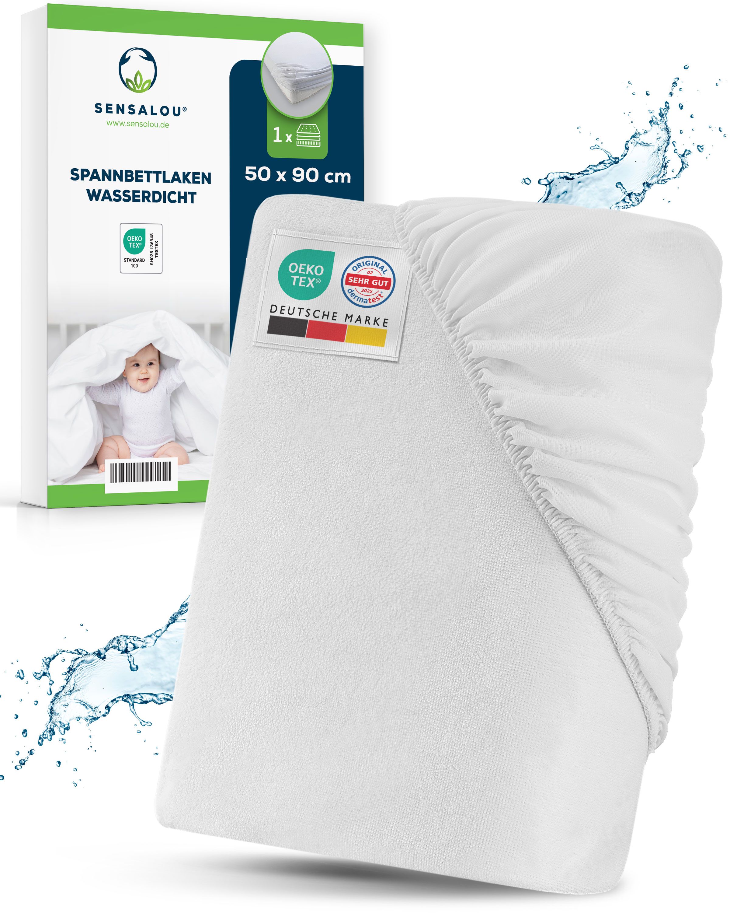 Weißes Spannbetttuch, 50x90 cm, wasserdicht. Verpackung mit Produktabbildung und Sensalou-Logo. Oeko-Tex-Zertifizierung.