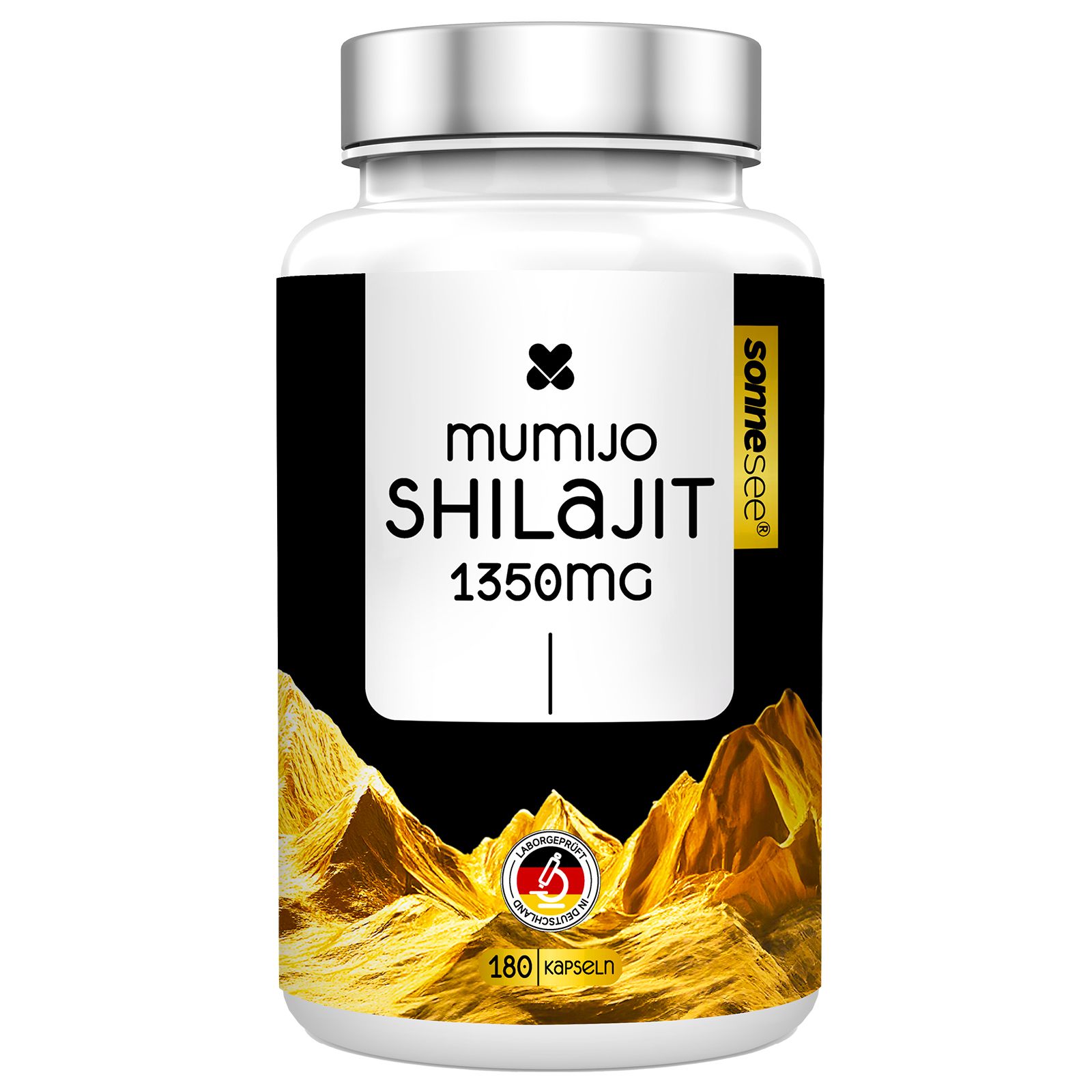 Weiße Flasche mit Shilajit 1350mg, 180 Kapseln. Goldene Berglandschaft auf dem Etikett.