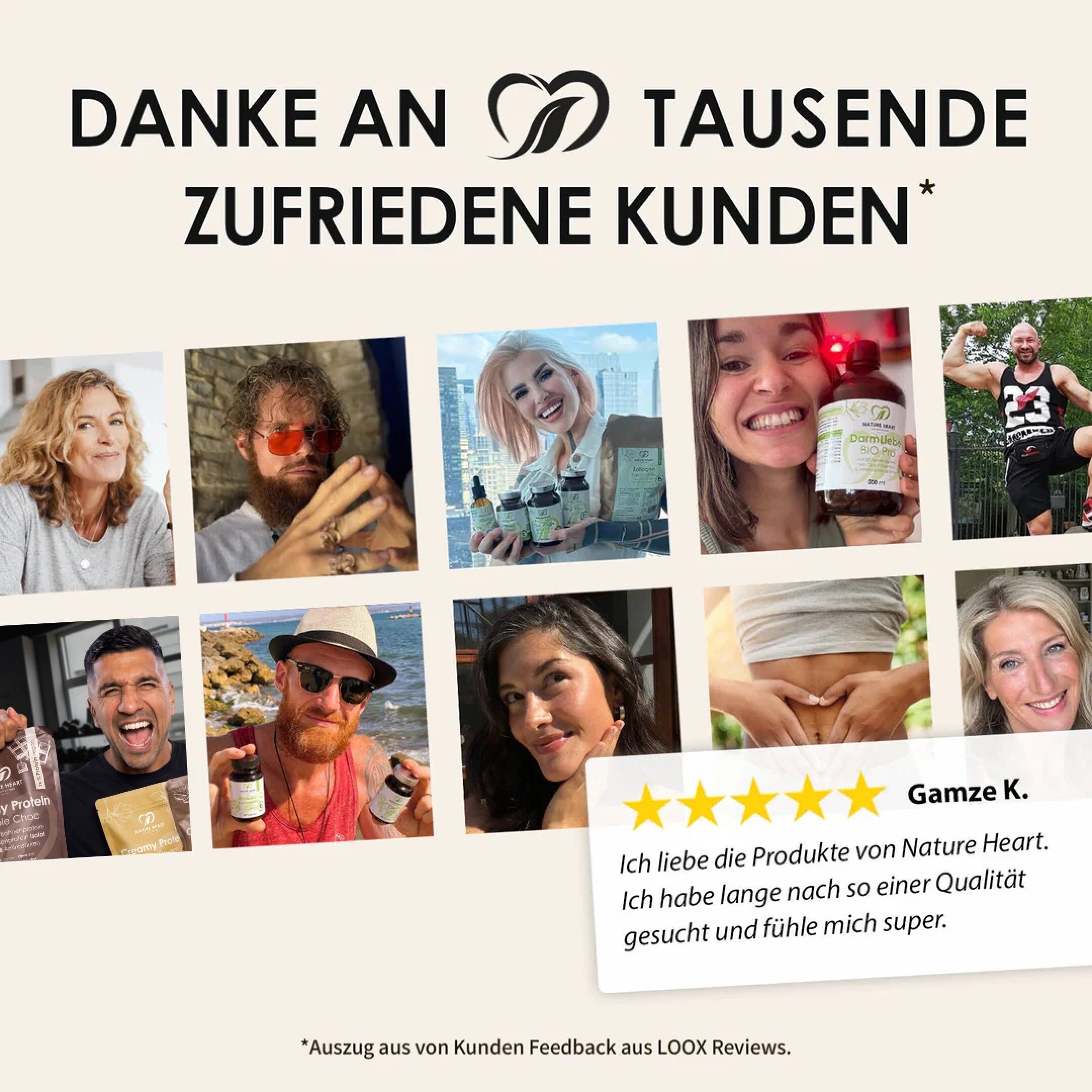 Collage aus zufriedenen Kunden mit Nature Heart Produkten.