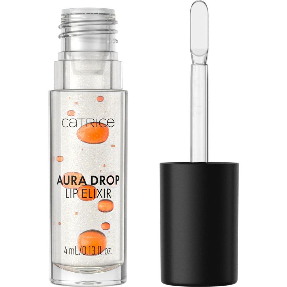 Catrice Aura Drop Lip Elixir. Transparente Flasche mit orangefarbenen Tropfen. Schwarzer Deckel und Applikator.