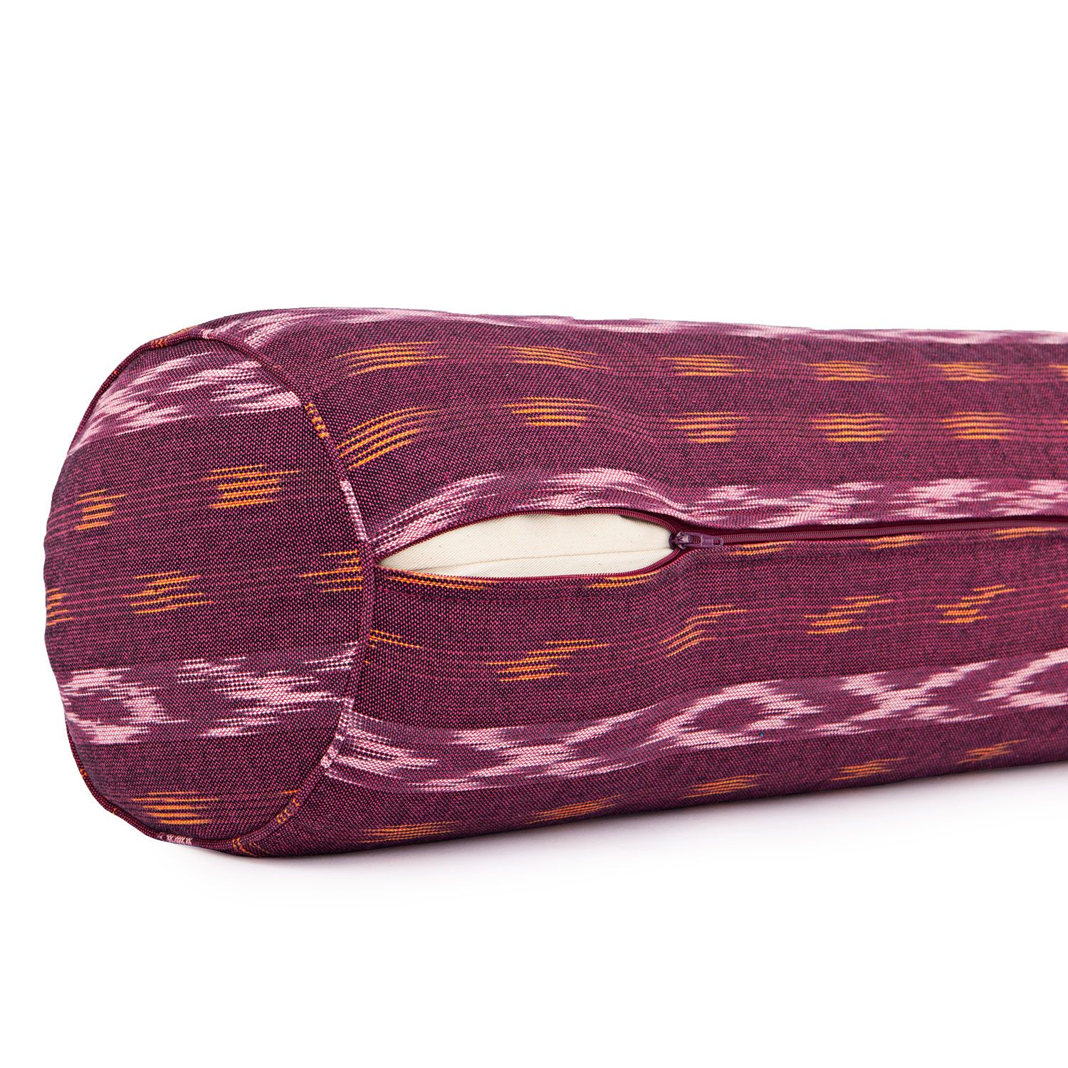 ETHNO Collection: Yoga-Bolster (rund), Ikat-Webstoff, weinrot gem., Dinkelhülsen