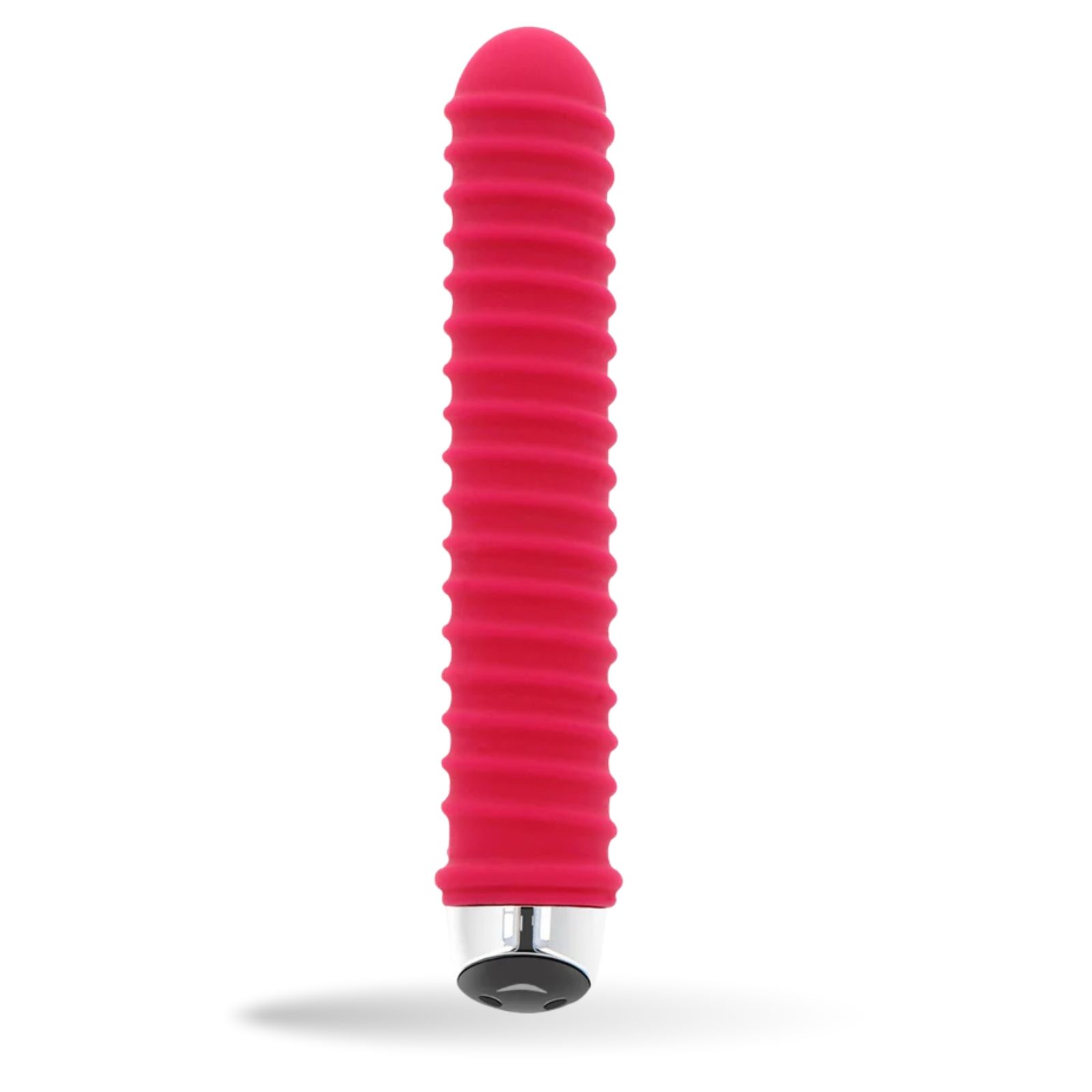 Roter Vibrator mit Rillen. Zylindrische Form, silberfarbener Sockel.