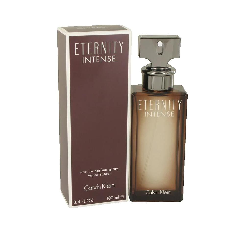 Parfümflakon und Verpackung. Aufschrift: ETERNITY INTENSE, Calvin Klein. Braune Farbverläufe. 100 ml.