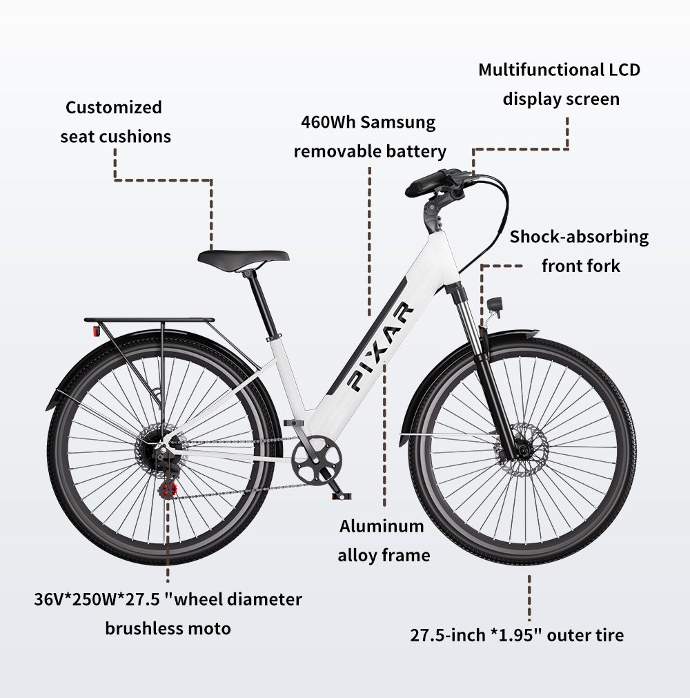 Elektro-Citybike mit Aluminiumrahmen, 250-W-Motor, 36-V-Akku. Merkmale: angepasste Sitzkissen, LCD-Display, Federgabel, 27,5-Zoll-Räder.