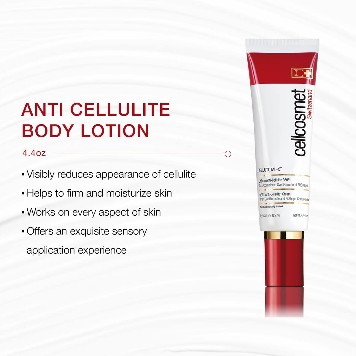 Weiße Tube mit rotem Deckel und Aufschrift. Produktname: Cellcosmet CelluTotal XT. Text: Anti Cellulite Body Lotion.