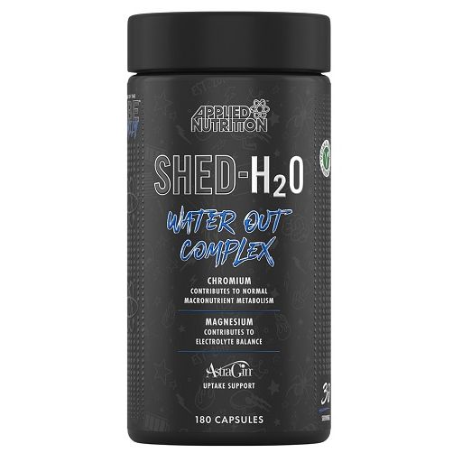 Schwarze Flasche mit weißer Aufschrift: Applied Nutrition, Shed-H2O Water Out Complex. Enthält 180 Kapseln. Mit AstraGin®.