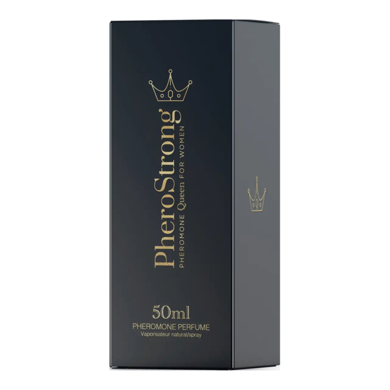 Schwarze rechteckige Schachtel mit goldenem Logo und Text. Das Produkt ist PheroStrong Pheromone Queen für Frauen.