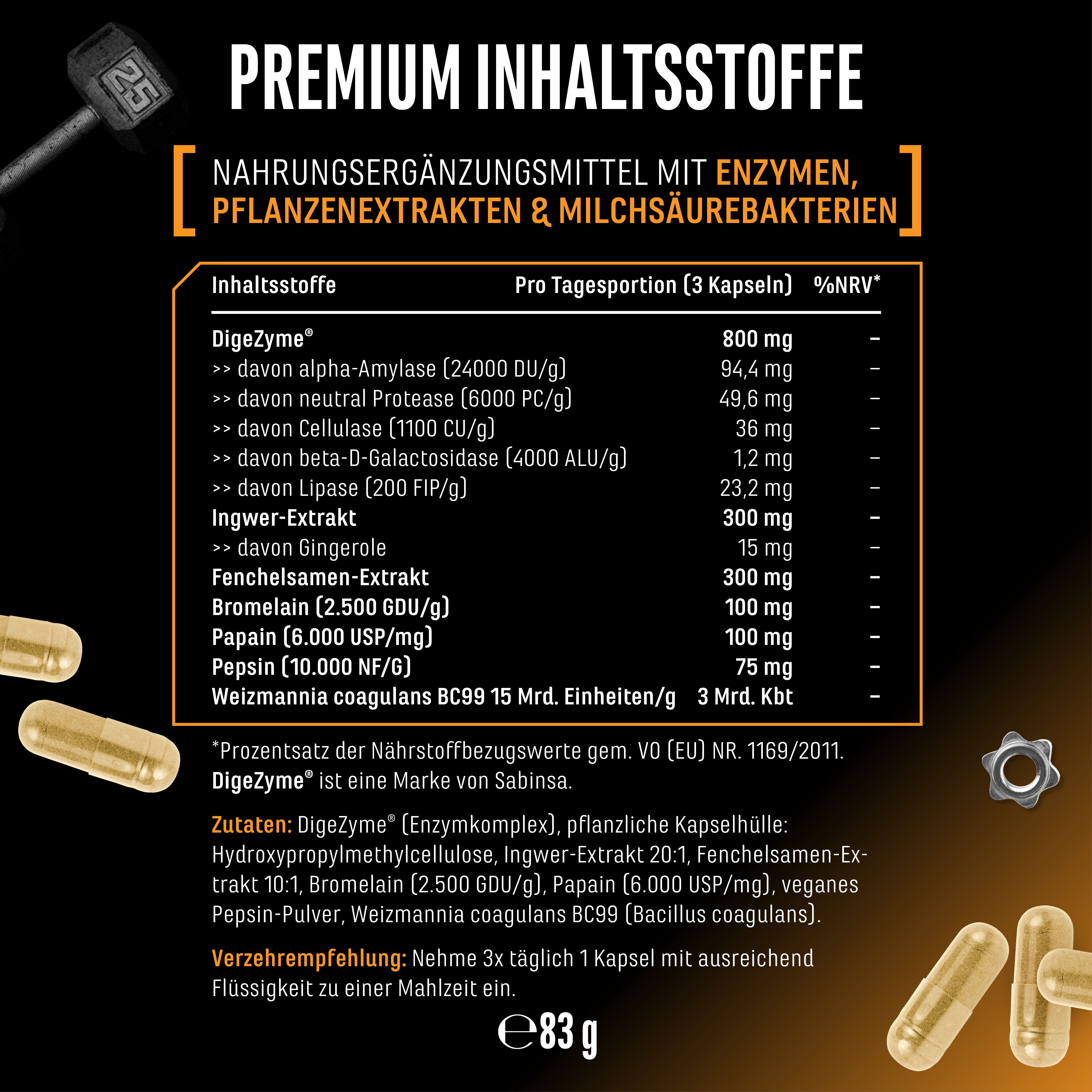 Nahrungsergänzungsmittel mit Enzymen, Pflanzenextrakten & Milchsäurebakterien. Inhaltsstoffe und Nährwertangaben pro Tagesportion (3 Kapseln).