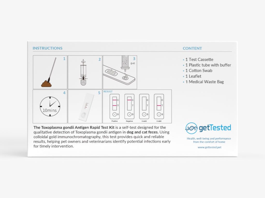 Verpackung mit Abbildungen der Anwendungsschritte. Enthält Testkassette, Röhrchen, Wattestäbchen, Beipackzettel und medizinischen Abfallbeutel. Text: getTested.