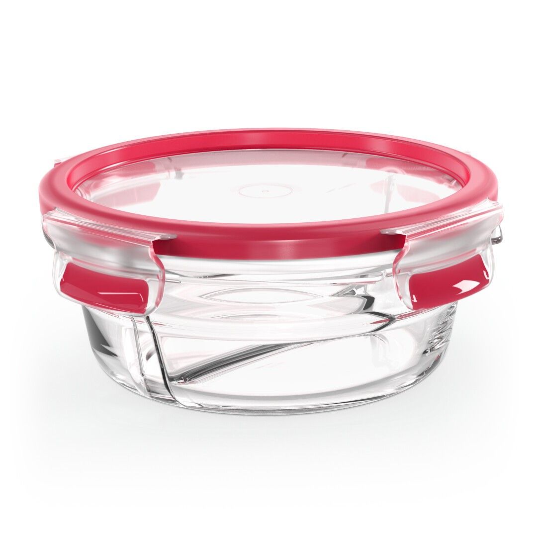 Runde, transparente Frischhaltedose mit rotem Deckel und Verschlüssen. Glasbehälter mit rotem Dichtungsring.