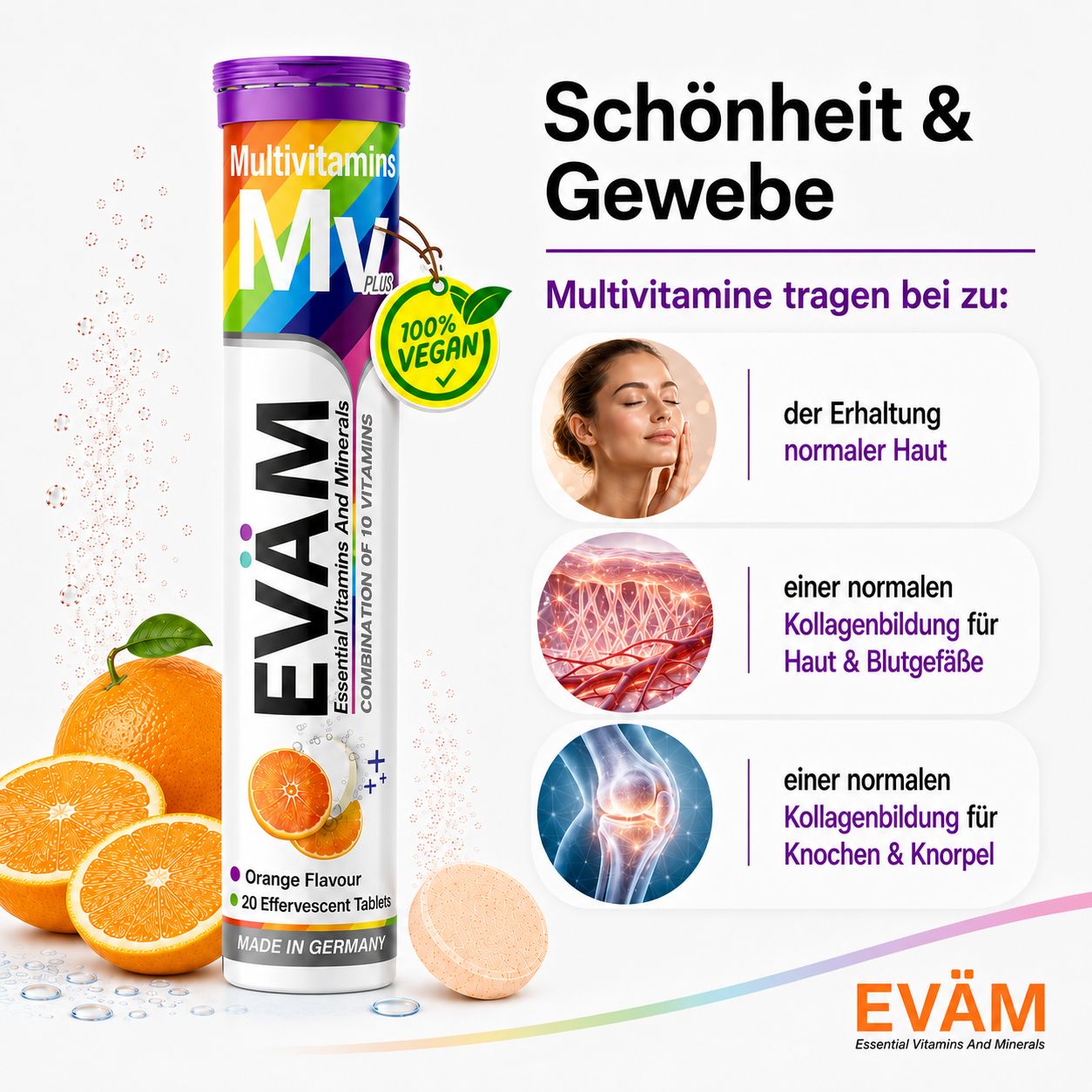 EVÄM Multivitamin Brausetabletten: Erhaltung normaler Haut, Kollagenbildung für Haut, Knochen & Knorpel.