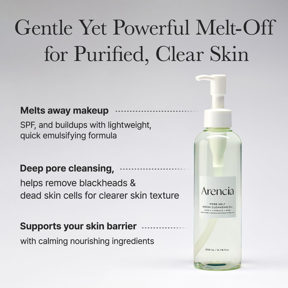 Arencia Pore Melt Mochi Cleansing Oil: Schmilzt Make-up, reinigt tief, unterstützt Hautbarriere.