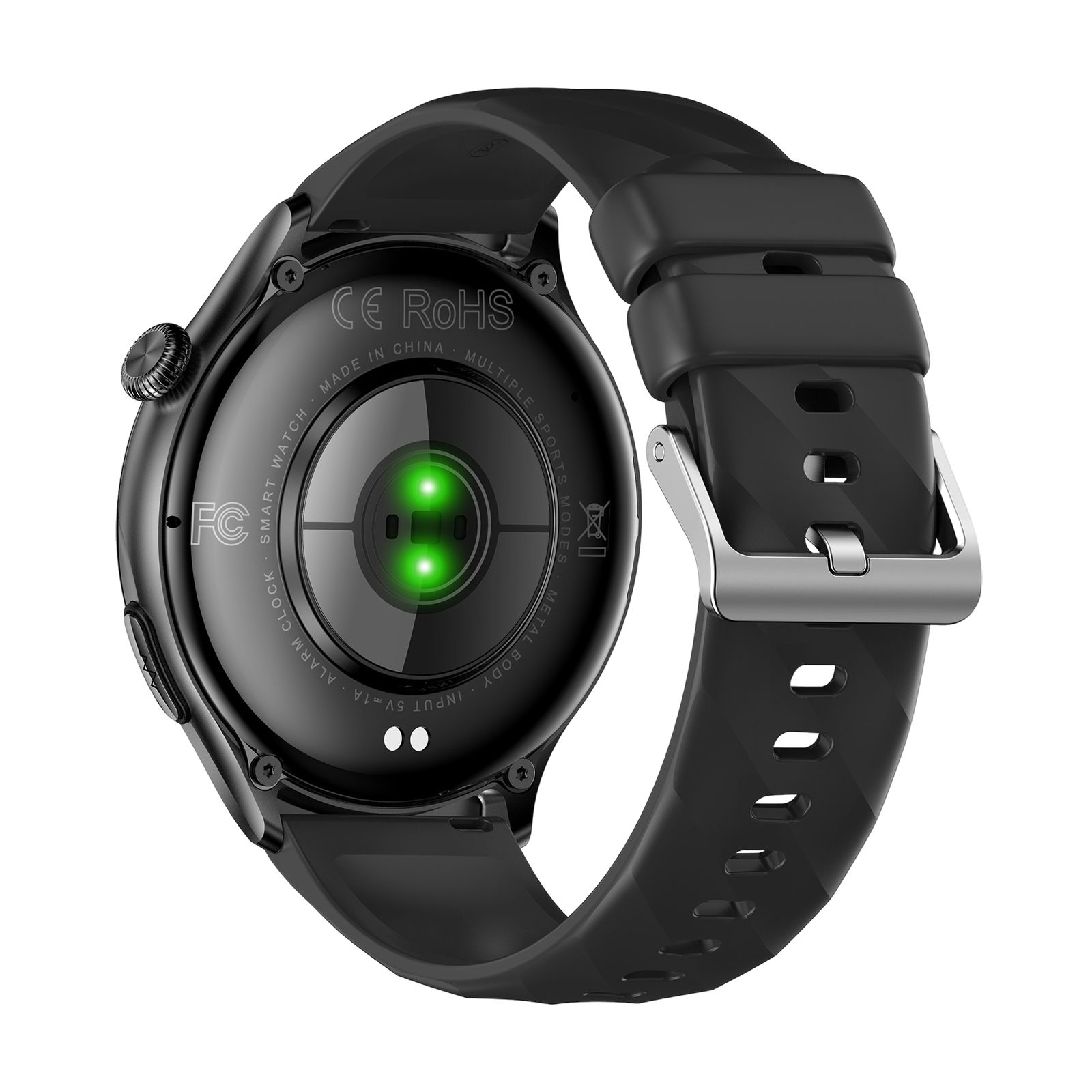 Rückseite der schwarzen Knauermann PRO 4 Smartwatch. Sichtbar: Sensoren, Ladekontakte, CE- und RoHS-Kennzeichen, schwarzes Armband.