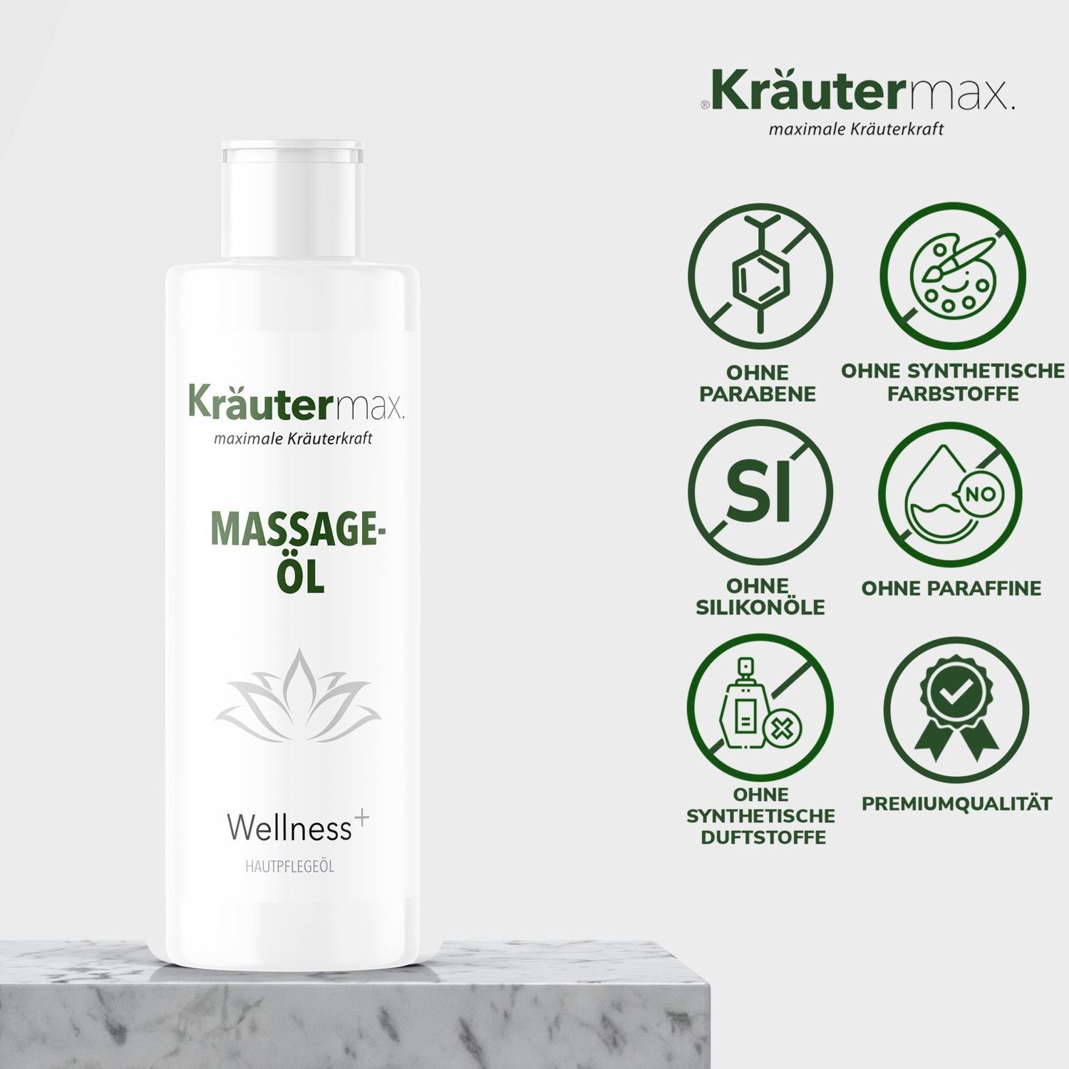 Weiße Flasche mit grünem Etikett. Aufschrift: Massage-Öl, Wellness+. Logos: Ohne Parabene, Silikonöle, synthetische Duftstoffe, Farbstoffe, Paraffine.