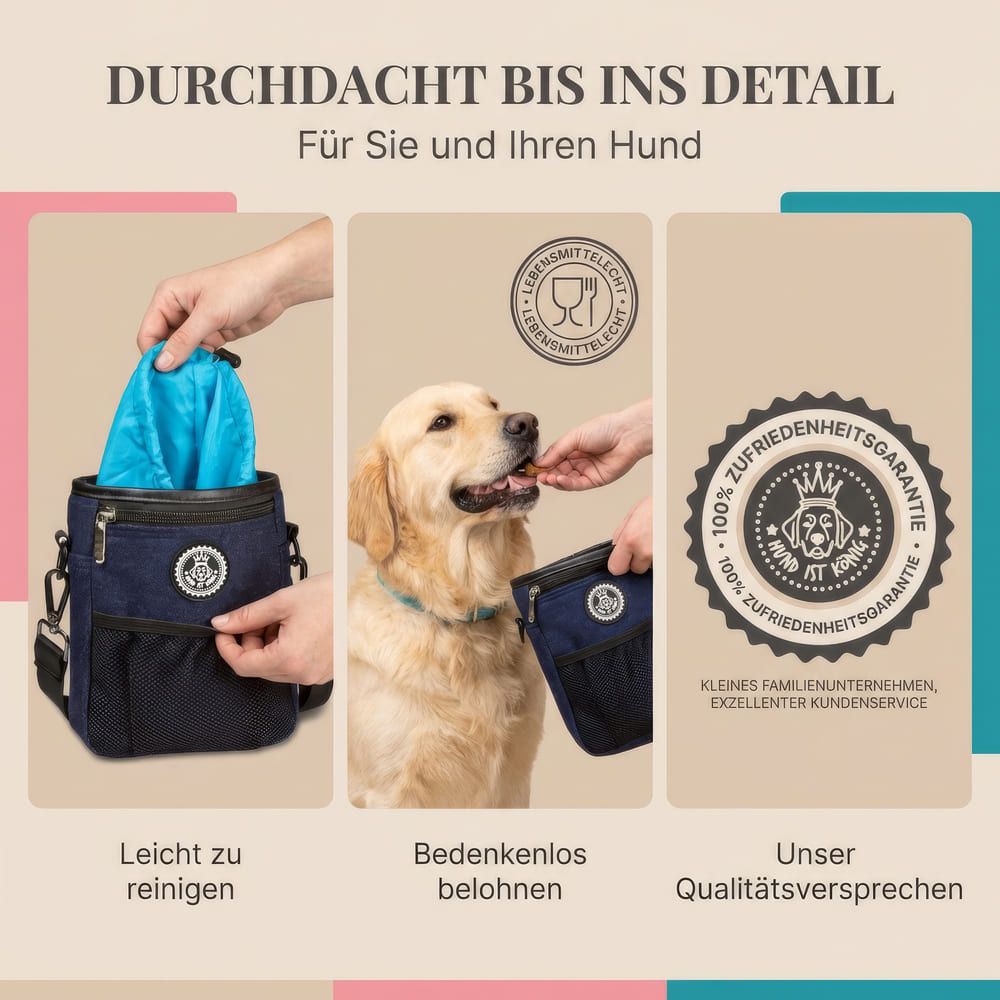 Futterbeutel mit Funktionen: leicht zu reinigen, belohnen, Qualitätsversprechen. LFGB-Zertifizierung.
