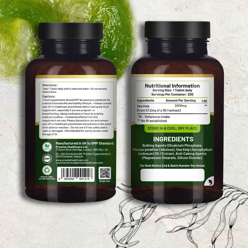 Rückseite einer Flasche mit Sea Kelp. Text: Nährwertangaben, Zutaten, Gebrauchsanweisung. Hergestellt in UK.